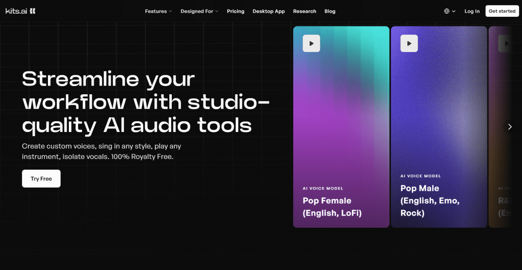 Screenshot of the Kits.ai homepage featuring the headline "Streamline your workflow with studio-quality AI audio tools" and interactive voice model cards.
