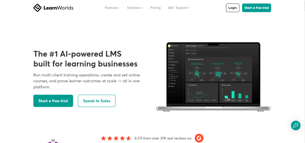 Screenshot of the LearnWorlds website homepage featuring the headline "The #1 AI-powered LMS built for learning businesses" next to a laptop mockup displaying an online course creation dashboard.