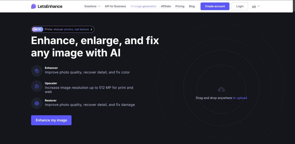 Screenshot of the Let's Enhance website homepage featuring the headline