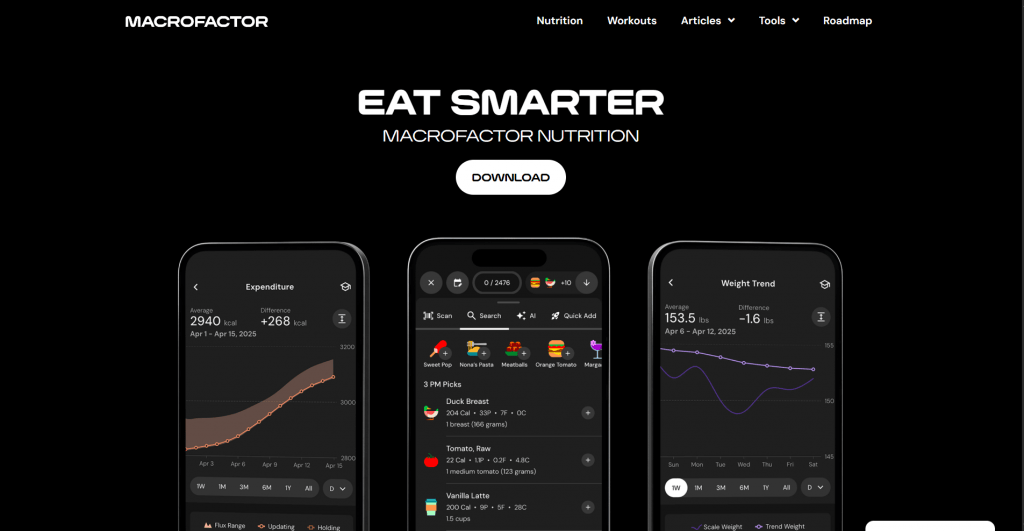 Screenshot of the MacroFactor website homepage featuring the headline "EAT SMARTER MACROFACTOR NUTRITION" above three smartphone mockups demonstrating caloric expenditure graphs, food logging, and weight trend tracking.