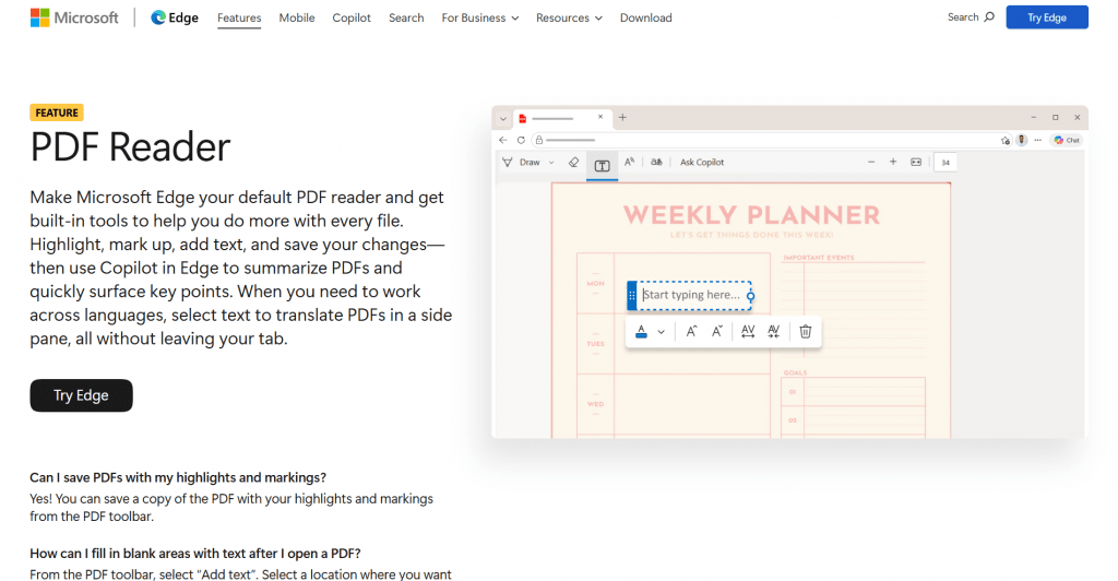 Screenshot of Microsoft Edge's PDF Reader feature landing page showcasing an interactive browser window editing a weekly planner PDF alongside explanatory product text and FAQ sections.