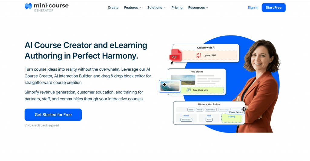 Screenshot of the mini-course generator website homepage featuring the headline "AI Course Creator and eLearning Authoring in Perfect Harmony" next to a smiling woman and graphic workflow illustrations.