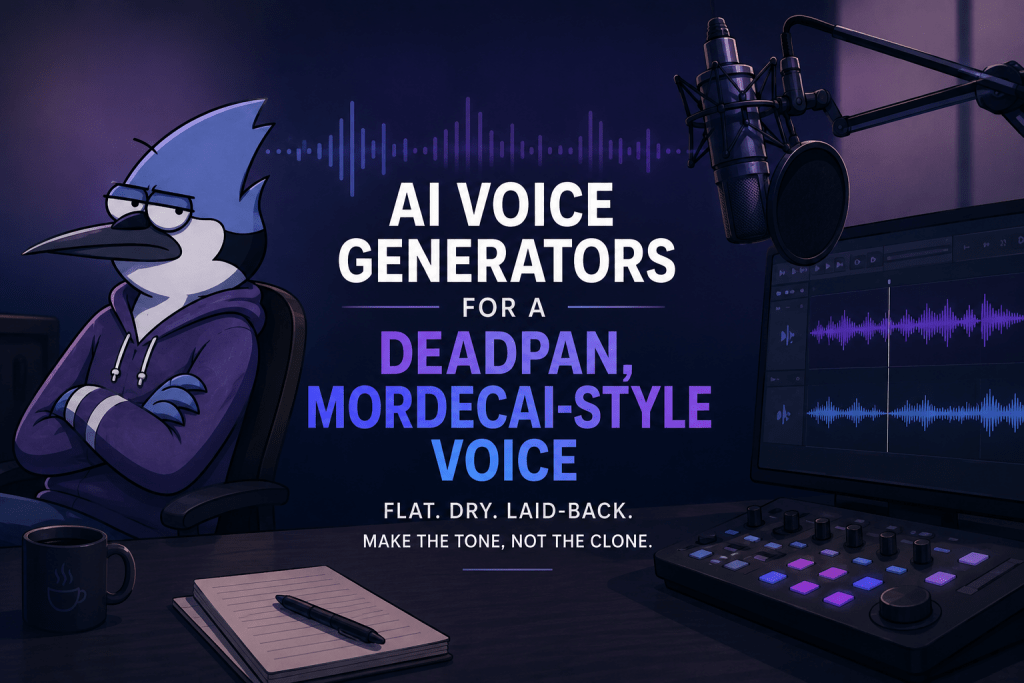 Conceptual illustration for Mordecai-style AI voice generators featuring a cartoon blue jay character wearing a hoodie at a podcast desk with a microphone and audio workstation setup.