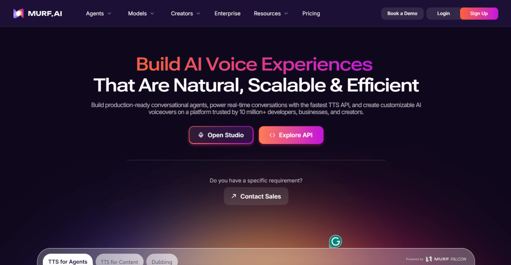 Screenshot of the Murf.AI homepage featuring the headline "Build AI Voice Experiences That Are Natural, Scalable & Efficient" with buttons for "Open Studio" and "Explore API."