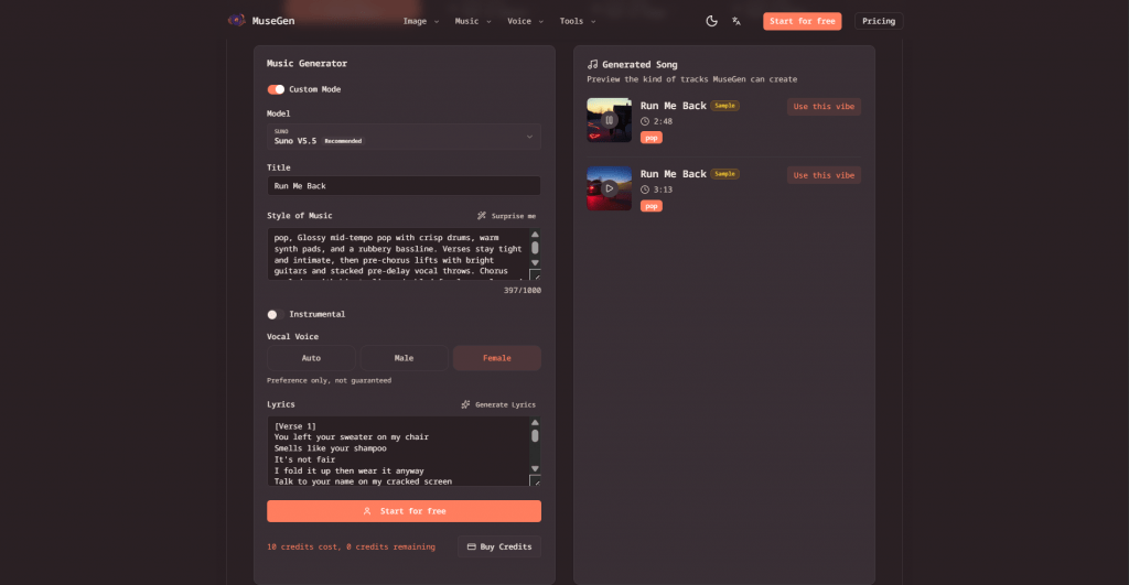 Screenshot of the MuseGen AI Music Generator interface showing track creation settings including model selection, music style, lyrics input, and generated song previews.