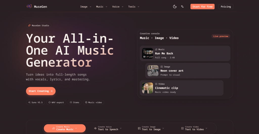 Screenshot of the MuseGen AI landing page featuring the headline "Your All-in-One AI Music Generator" on a dark theme background with a creative console previewing music, image, and video outputs.