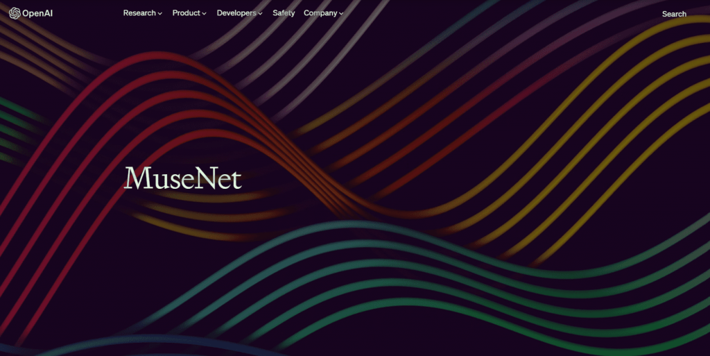 Screenshot of the OpenAI MuseNet website homepage showing the elegant serif title "MuseNet" against a dark background decorated with flowing, colorful wave patterns resembling musical staves.