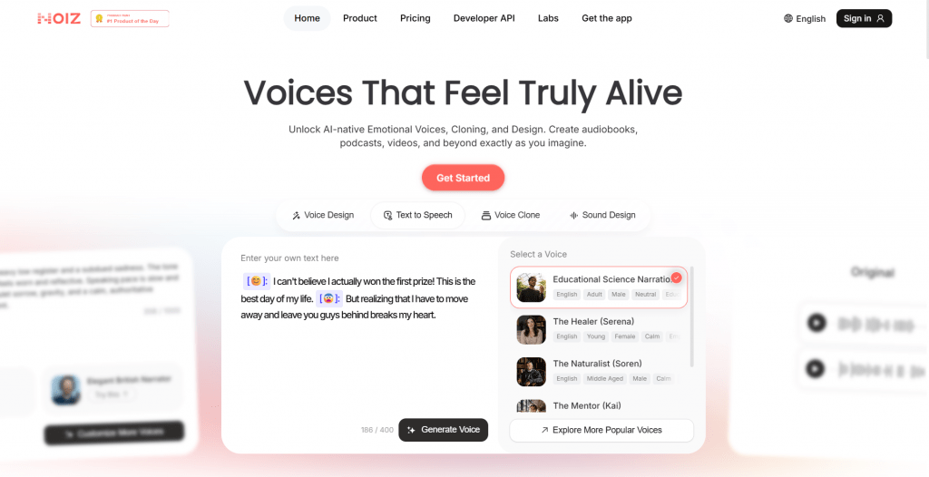 Screenshot of the NOIZ AI website landing page featuring headline text reading "Voices That Feel Truly Alive," a coral "Get Started" button, and an interactive text-to-speech studio demo interface.