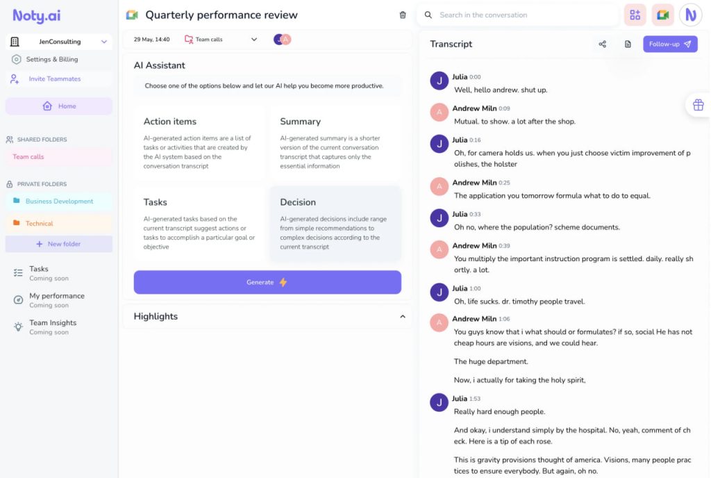Screenshot of the Noty.ai web dashboard featuring a "Quarterly performance review" meeting page with an AI Assistant module next to a live conversation transcript column.