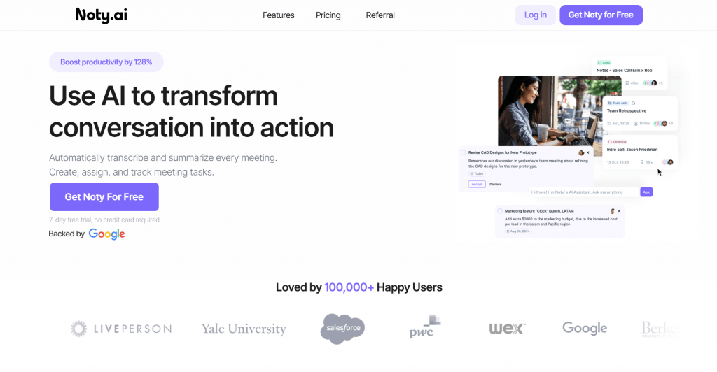 Screenshot of the Noty.ai website homepage featuring the headline "Use AI to transform conversation into action" next to a collage showing a professional working on a laptop and floating AI transcription cards.