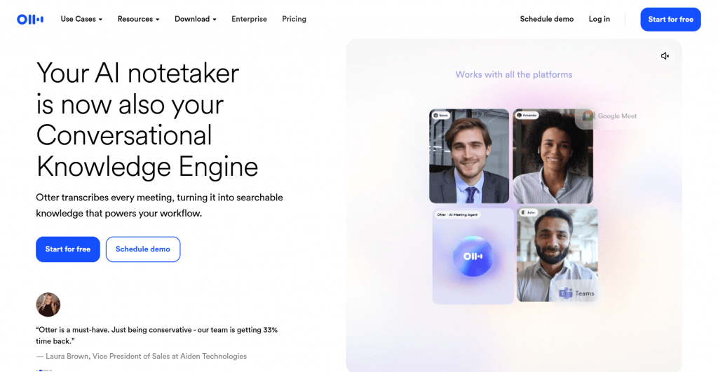 Screenshot of the Otter.ai website homepage featuring the headline "Your AI notetaker is now also your Conversational Knowledge Engine" alongside a mock video conference display showing participants and the Otter AI Meeting Agent.