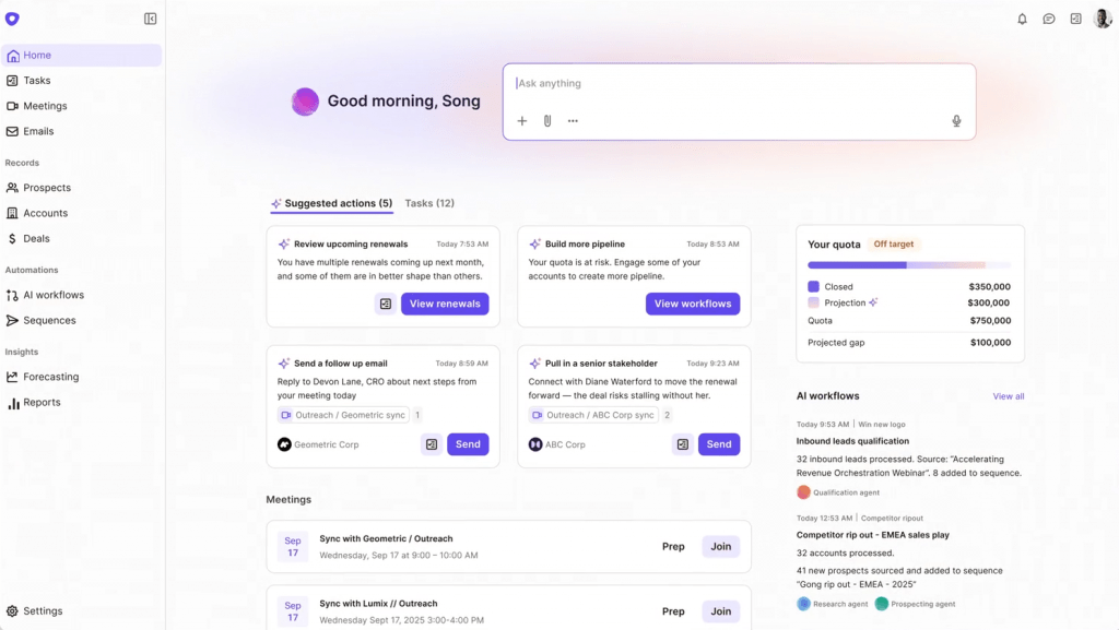 Screenshot of the Outreach platform home dashboard displaying sales tasks, suggested actions, quota tracking metrics, scheduled meetings, and AI workflows for a user named Song.