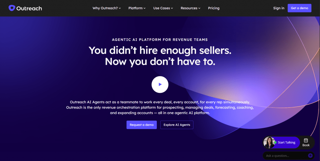 Screenshot of Outreach's website homepage featuring a dark purple background with sweeping abstract light curves. Large headline text reads "Agentic AI Platform for Revenue Teams: You didn't hire enough sellers. Now you don't have to." with "Request a demo" and "Explore AI Agents" call-to-action buttons below.