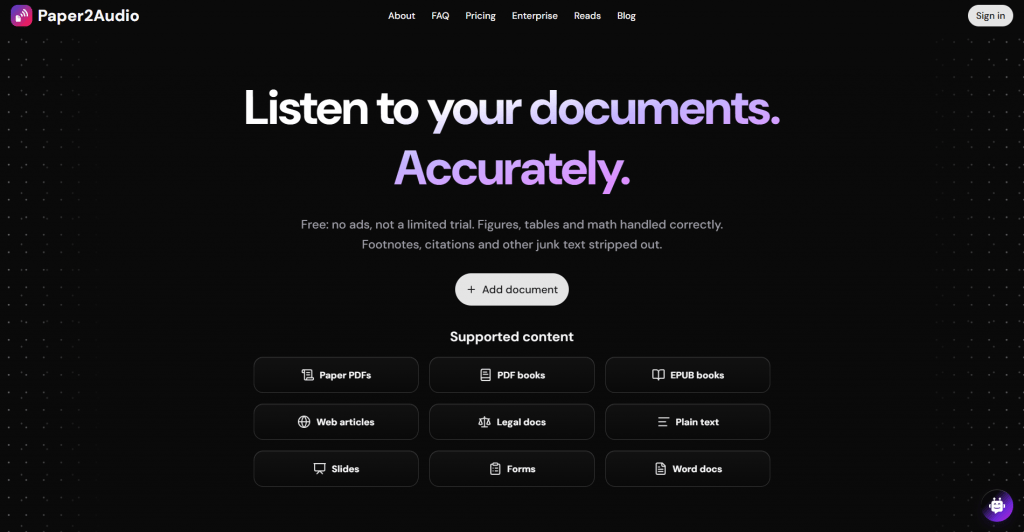Screenshot of the Paper2Audio homepage on a dark background, featuring headline text reading "Listen to your documents. Accurately.", an "+ Add document" upload button, and badges for supported file formats.