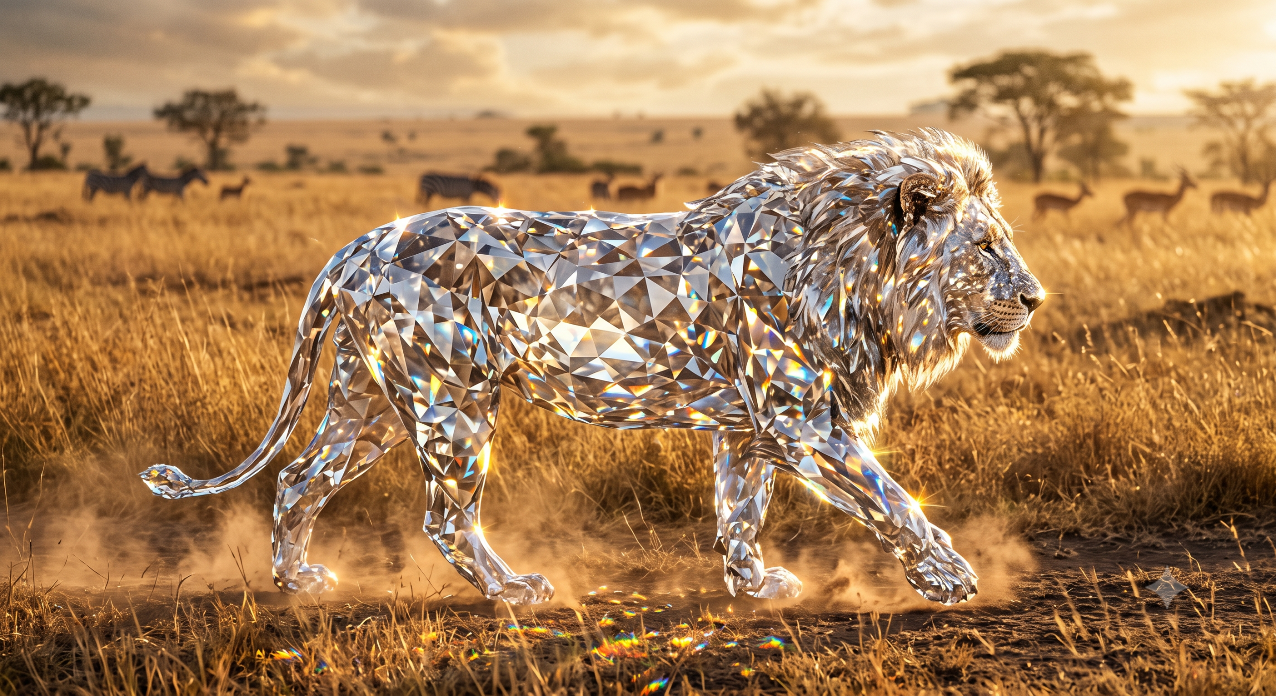 Photorealistic Diamond Body Lion in a Natural Setting