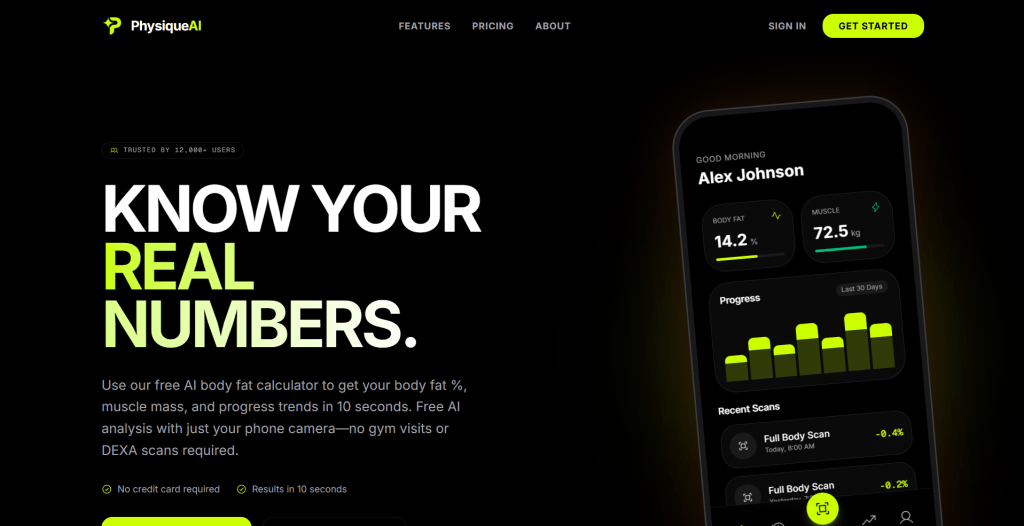 Screenshot of the PhysiqueAI landing page featuring bold headline text reading "KNOW YOUR REAL NUMBERS." alongside a smartphone mockup displaying body fat percentage, muscle mass, and progress metrics.