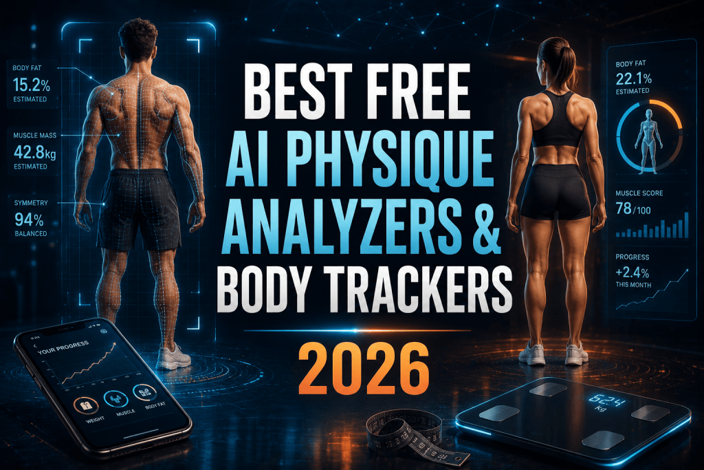 Futuristic tech graphic featuring full-body digital scans of a athletic man and woman with body composition metrics, a smartphone displaying a progress chart, a digital smart scale, and bold central text reading "BEST FREE AI PHYSIQUE ANALYZERS & BODY TRACKERS 2026".