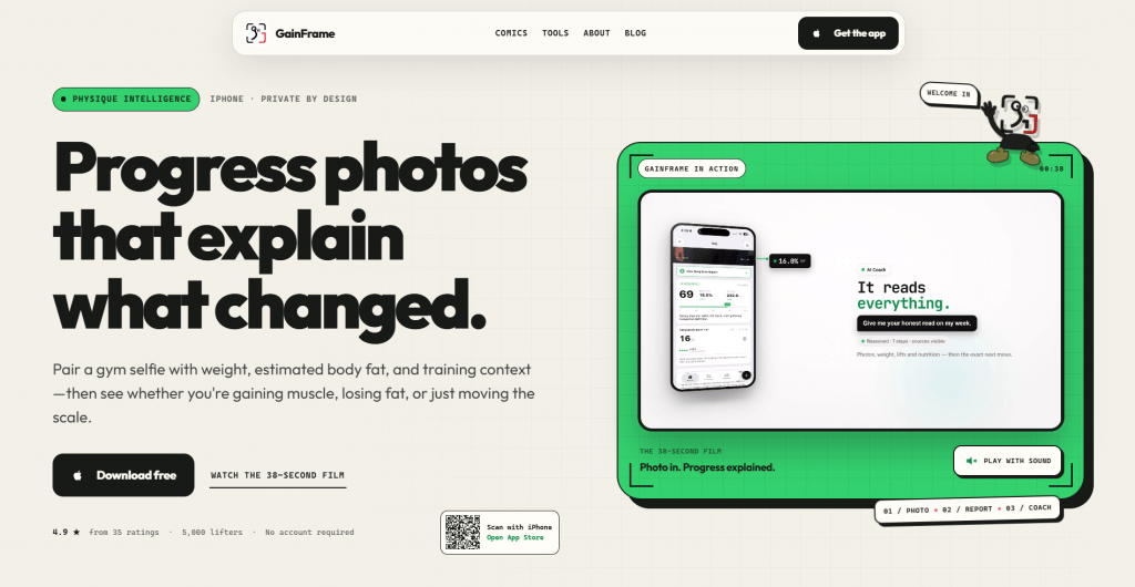 Screenshot of the GainFrame website landing page featuring a beige grid background, bold headline text reading "Progress photos that explain what changed," a button to download on the App Store, and a green interactive video frame showcasing the app.