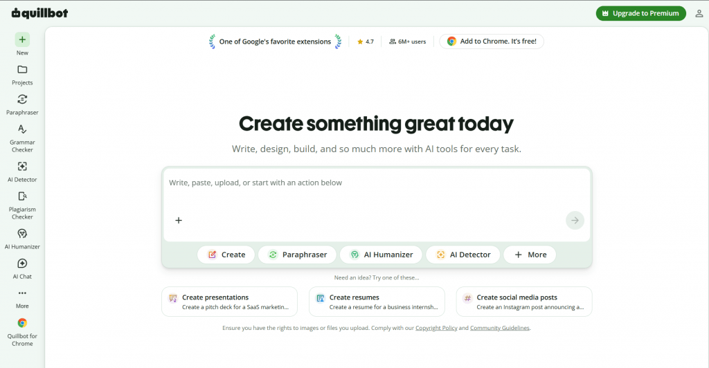 Screenshot of the Quillbot homepage interface featuring a central input box that reads "Write, paste, upload, or start with an action below" and a left-side menu of writing tools.