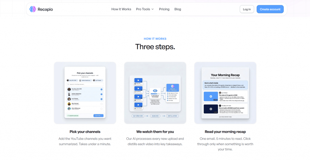 Screenshot of the Recapio website's "How It Works" section detailing a three-step process: Pick your channels, We watch them for you, and Read your morning recap.