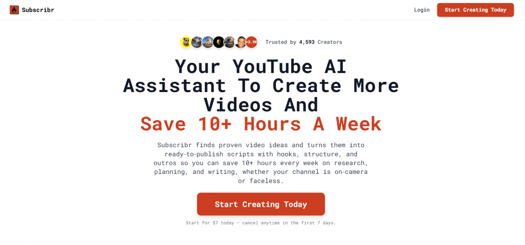 Subscribr homepage interface displaying text Your YouTube AI Assistant To Create More Videos And Save 10+ Hours A Week.