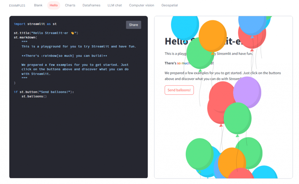 Streamlit web interface example showing code editor and interactive balloon animation component.