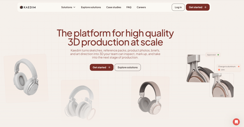 Kaedim website homepage showcasing the AI platform for high-quality 3D production at scale with examples of 3D headphone models.