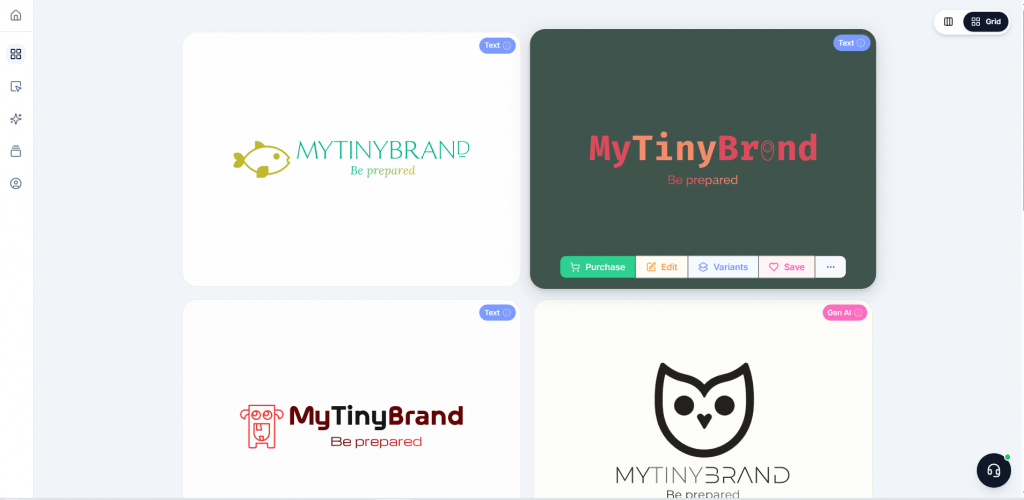 Grid of automated logo design variants for MyTinyBrand generated by Brandmark AI showing text and icon options.