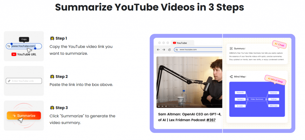 Step-by-step infographic showing how to summarize YouTube videos in 3 steps using GitMind AI tool.