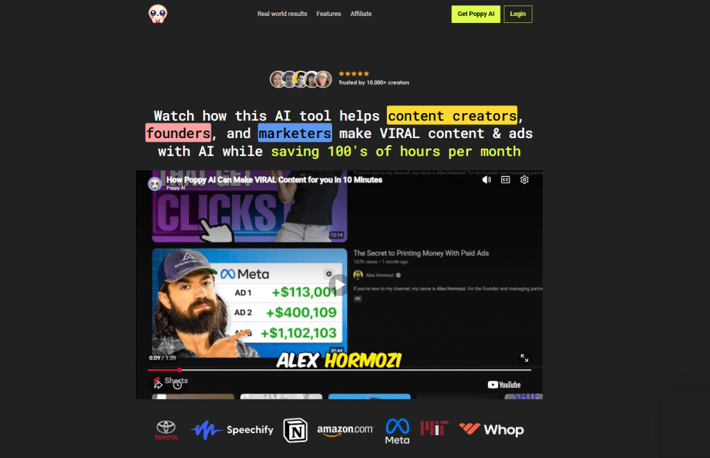 Poppy AI platform landing page showcasing how the tool helps content creators, founders, and marketers make viral video content and paid ads.