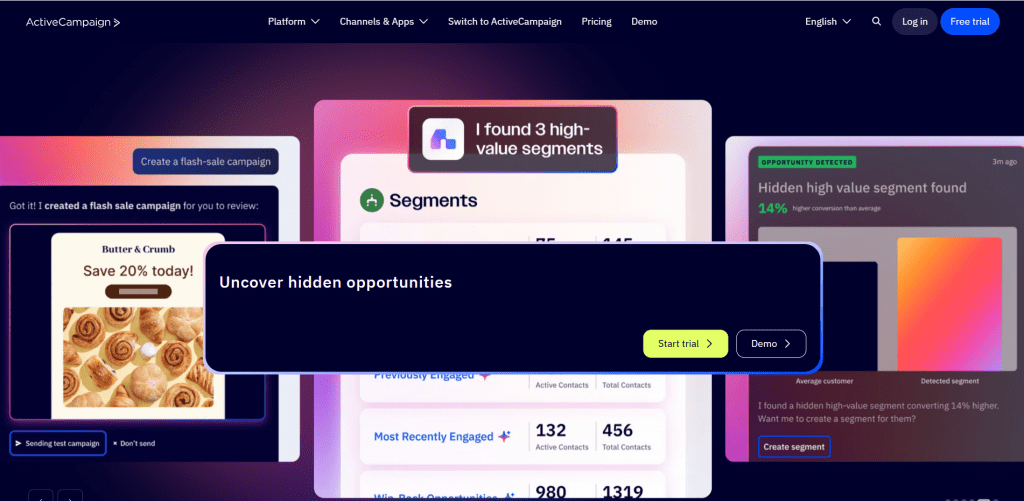 ActiveCampaign dashboard interface highlighting high-value audience segmentation and flash sale campaign features.
