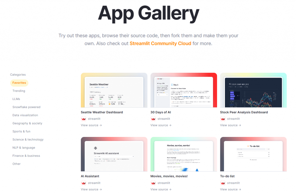 Streamlit App Gallery website showing various templates for data dashboards, AI assistants, and analysis tools.