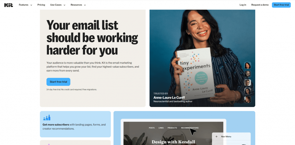 Kit email marketing platform homepage featuring landing page tools and creator recommendations to grow subscriber lists.