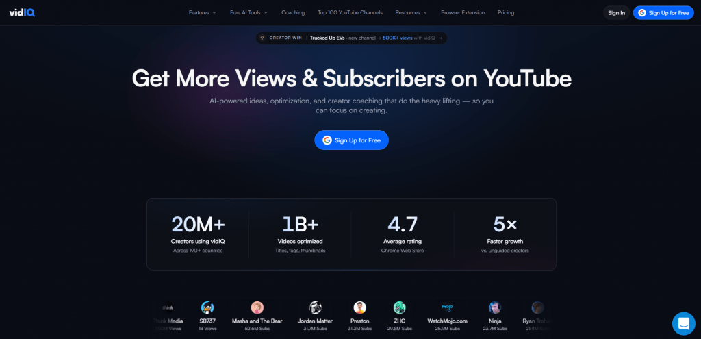vidIQ website homepage with headline Get More Views & Subscribers on YouTube featuring stats of over 20 million creators and 1 billion videos optimized.