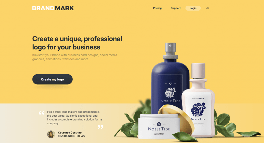 Brandmark website homepage showcasing premium product packaging mockups for Noble Tide cosmetics on a yellow background.