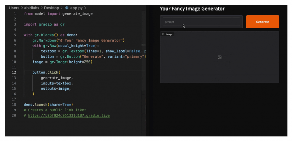 Gradio code example alongside a generated web interface for a custom image generation app.