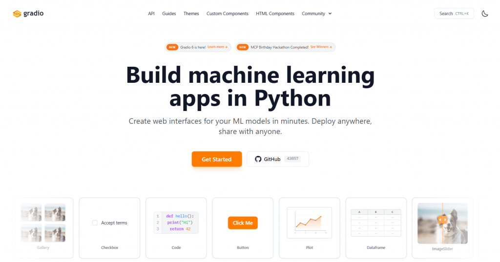 Gradio homepage showing options to build and share machine learning apps in Python.