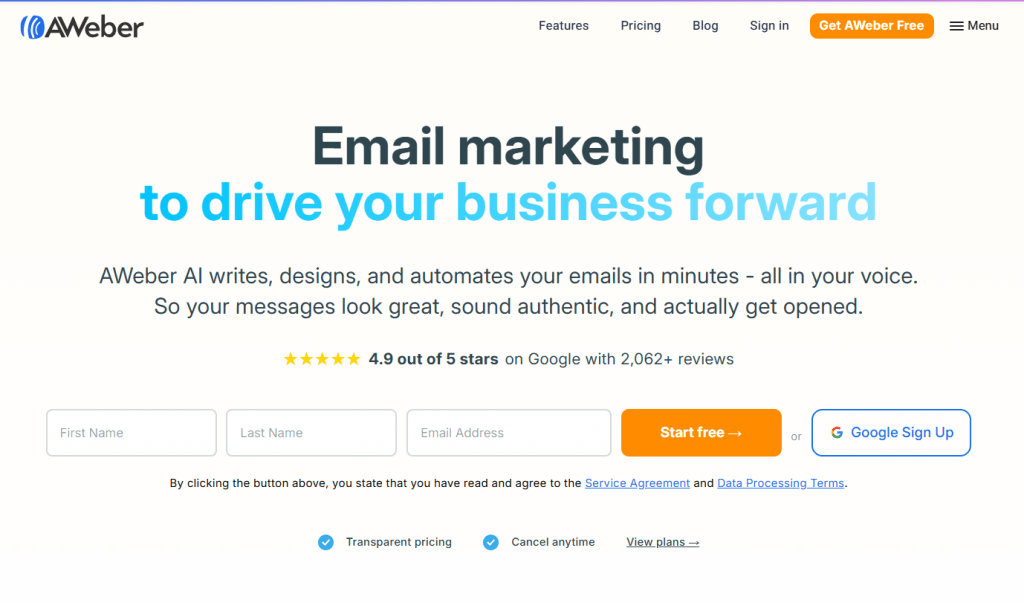 AWeber free sign up page featuring AI-powered email writing and design automation tools.
