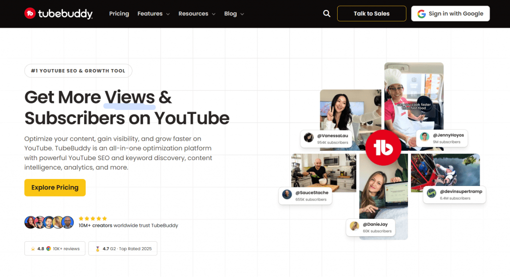 TubeBuddy homepage showing text Get More Views & Subscribers on YouTube, labeled as the number 1 YouTube SEO and growth tool trusted by over 10 million creators.
