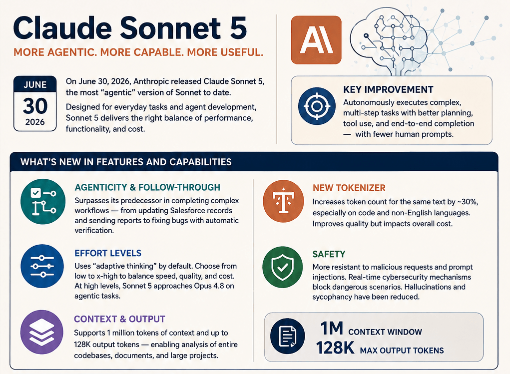 Infographic of Claude Sonnet 5 features highlighting agentic workflow execution, effort levels with adaptive thinking, 1M context window, and enhanced safety mechanisms.