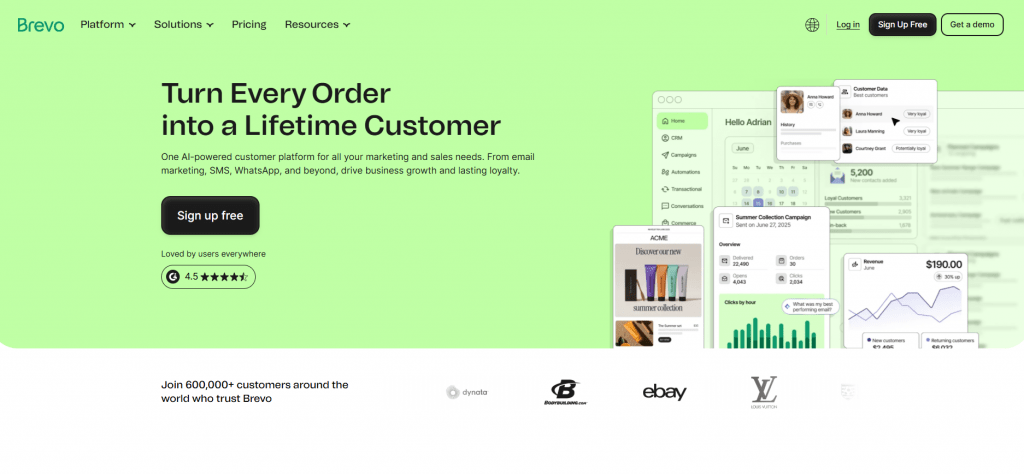 Brevo marketing platform homepage displaying CRM, SMS, WhatsApp, and email marketing automation tools.