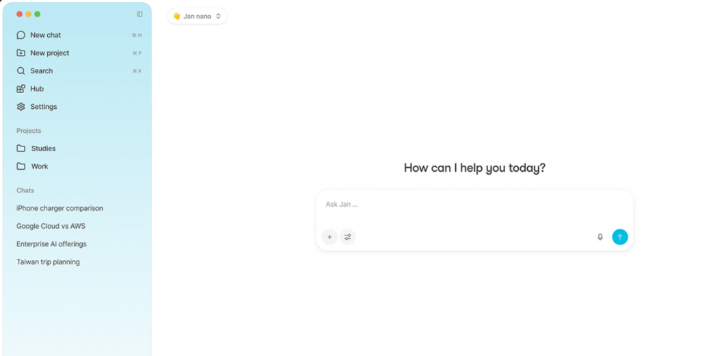 Clean desktop user interface of the Jan AI application showing a minimalist chat window and sidebar with organized projects and chat history.