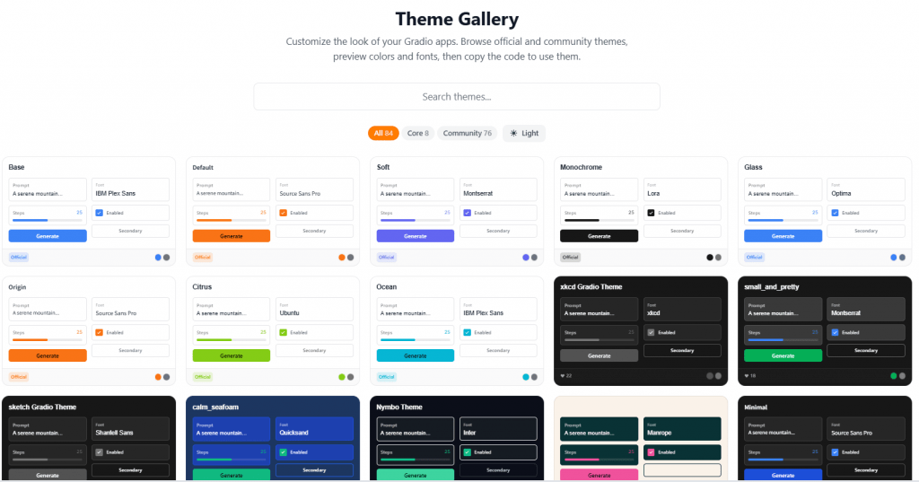 Gradio Theme Gallery showcasing various UI design styles and customization options for web applications.