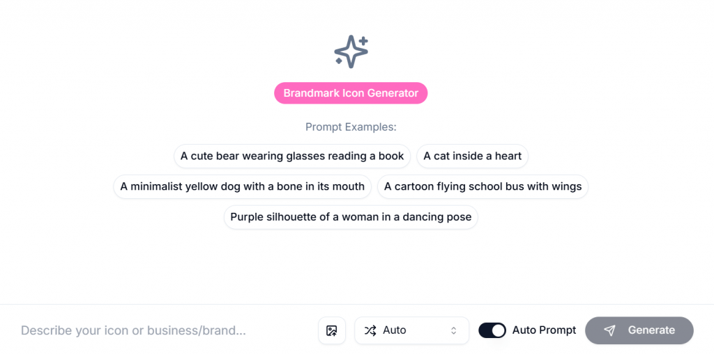 Brandmark Icon Generator text prompt interface with creative example suggestions for AI vector graphic generation.