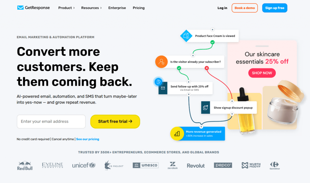 GetResponse email marketing and automation platform showing a visual customer journey workflow and discount popups.