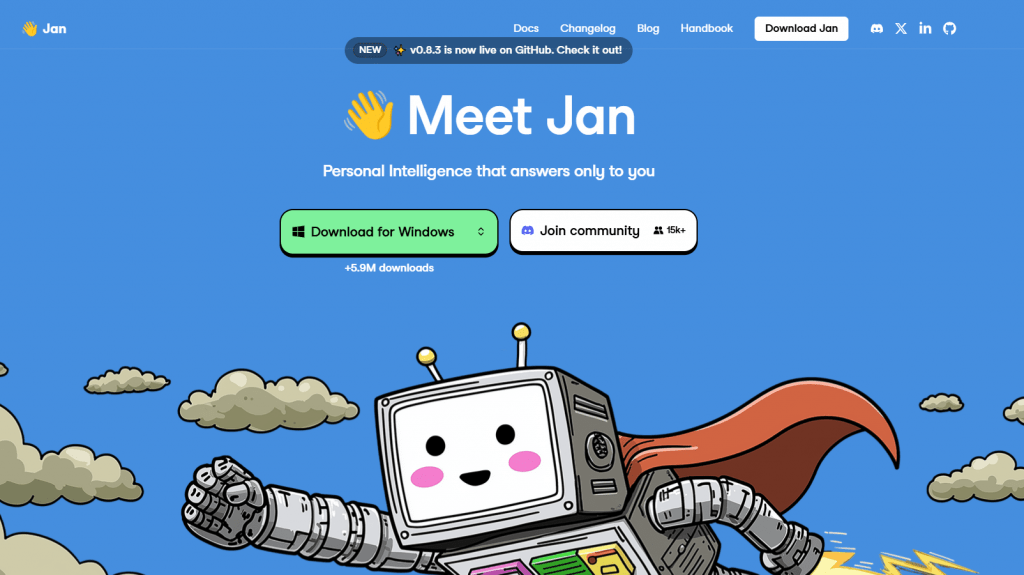 Jan AI homepage banner featuring a flying superhero robot illustration with download buttons for Windows and community links.