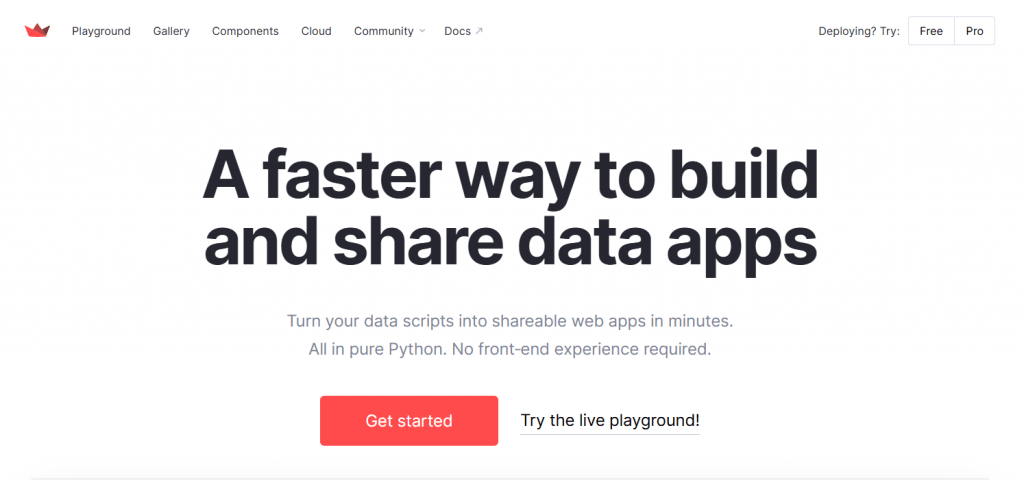 Streamlit homepage promoting a faster way to build and share data applications in Python.