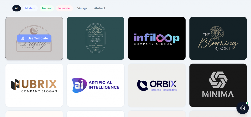 Collection of modern, industrial, and abstract logo templates inside the Brandmark design platform interface.