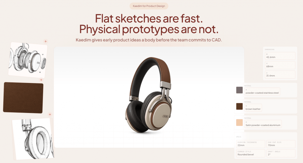 Kaedim product design interface displaying a 3D headphone prototype created from flat sketches with specifications and material details.