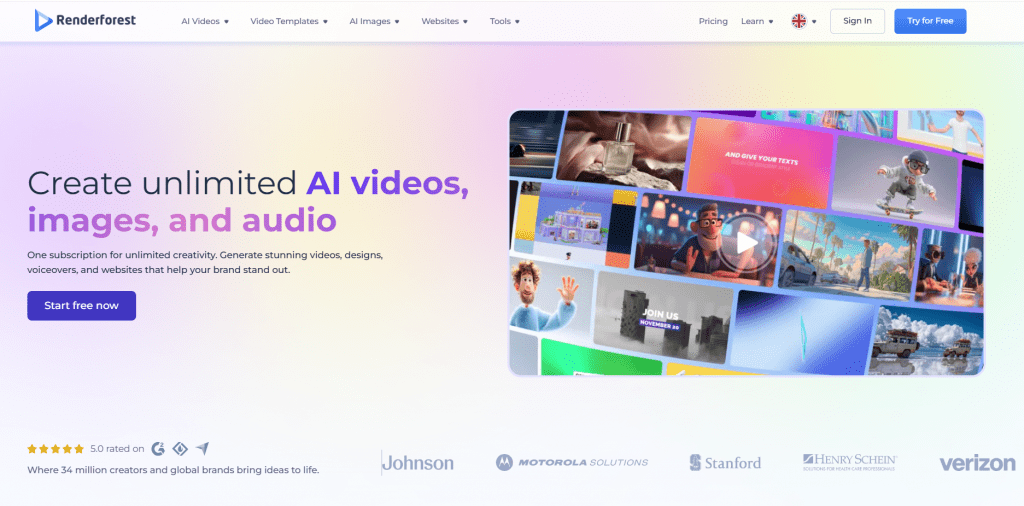 Renderforest platform banner with text Create unlimited AI videos, images, and audio, showing examples of animated characters and video templates.